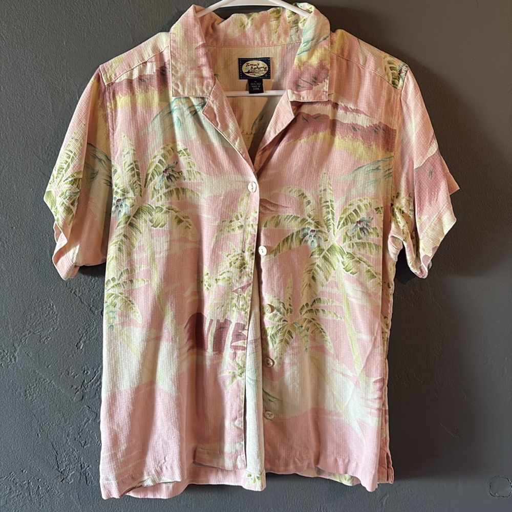 Tommy Bahama Pink and Green Casual Button Down Silk Shirt with Floral Patterns